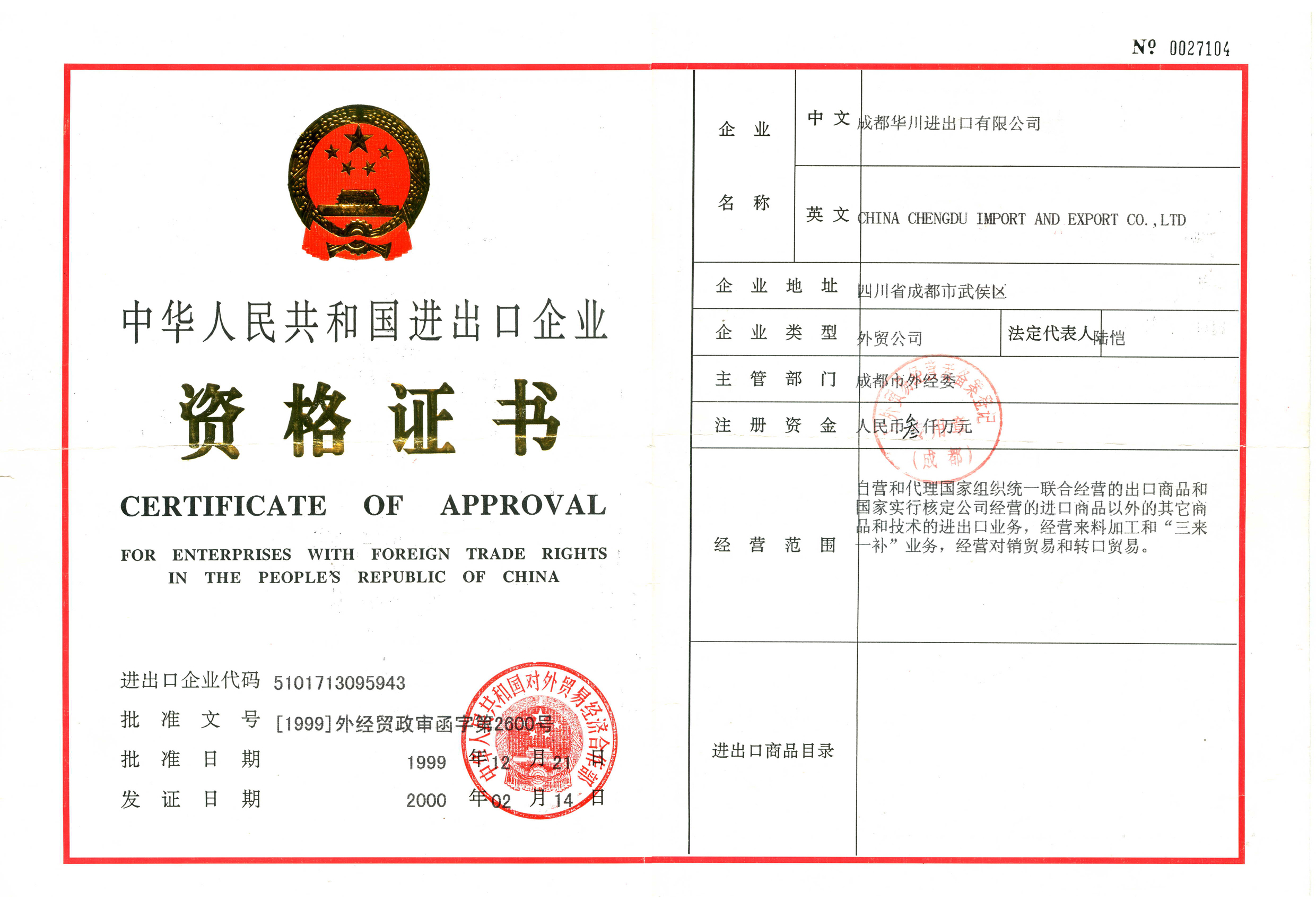 Certificate of Approval for Enterprise With Foreign Trade Rights